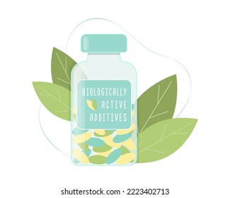Biologically Active Additives Dietary supplements, bottle with set of vitamins, antioxidant tablets, health capsules.