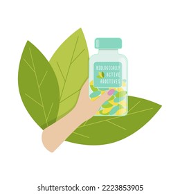 Biologically active additives female hand holds bottle with dietary supplements, with green leaves.