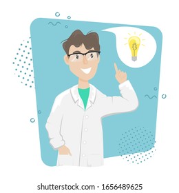 A biologist chemist in a white coat came up with the idea of an invention. Research and invention