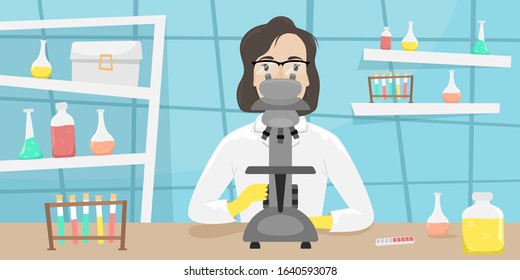 Biologist chemist in a white coat with a microscope in the laboratory. Research and invention of vaccines. Viral disease. Epidemic.