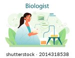 Biologist concept. Scientist make laboratory analysis of life system and living organisms. Idea of education and experiment. Botany, microbiology, human biology. Vector flact illustration