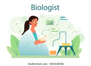 Biologist concept. Scientist make laboratory analysis of life system and living organisms. Idea of education and experiment. Botany, microbiology, human biology. Vector flact illustration