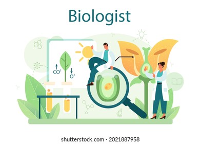 Biologist concept. Scientist make laboratory analysis of life system and living organisms. Idea of education and experiment. Botany, microbiology, human biology. Vector flact illustration