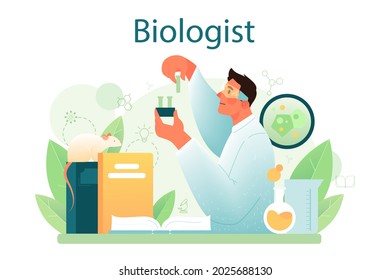 Biologist concept. Scientist make laboratory analysis of life system and living organisms. Idea of education and experiment. Botany, microbiology, human biology. Vector flact illustration