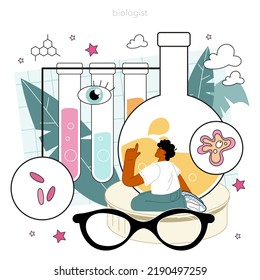 Biologist concept. Scientist make laboratory study and analysis of life system and living organisms. Microbiology research and test. Flat vector illustration