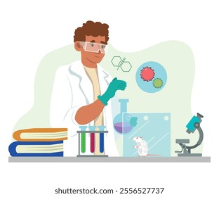 Biologist concept. Scientist make laboratory analysis of life system and living organisms. Idea of education and experiment. Botany, microbiology, human biology. Vector flact illustration.