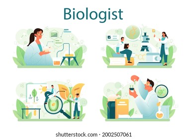 Biologist concept set. Scientist make laboratory analysis of life system and living organisms. Idea of education and experiment. Botany, microbiology, human biology. Vector flact illustration