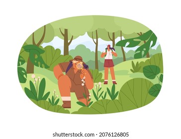 El biólogo explora las plantas en el bosque. La gente viaja en verano con lupa, mirando y estudiando la naturaleza al aire libre. Paisaje con exploradores. Ilustración vectorial plana aislada en fondo blanco