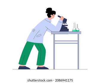 Biologist or genetic engineer conducts research on plant genes in lab, flat vector illustration isolated on white background. Scientist modify and change plants DNA.