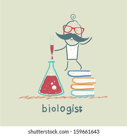 biologist holding a test tube and stands on a pile of books