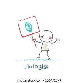 biologist holds a placard on which painted leaves
