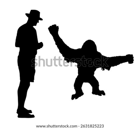 Biologist man scientist observes behavior of orangutan monkey vector silhouette isolated. Big primate wildlife habitat. Tourist safari trip. Open spread arms monkey giving hug. Friendly animal zoo.
