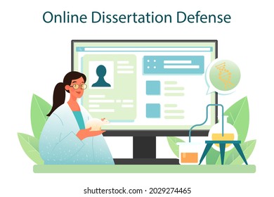 Biologist online service or platform. Scientist make laboratory analysis of life system and living organisms. Online dissertation defense. Vector flact illustration