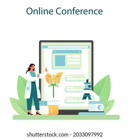 Biologist online service or platform. Scientist make laboratory analysis of life system and living organisms. Online conference. Vector flact illustration