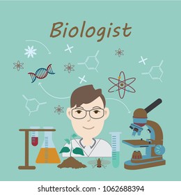 Biologist profession. Male biologist next to biology essential elements. Vector illustration.
