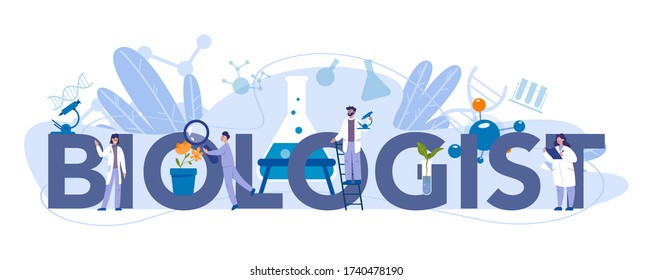 Concepto de encabezado tipográfico biólogo. Los científicos hacen análisis de laboratorio del sistema de vida y organismos vivos. Idea de educación y experimento. Ilustración vectorial en estilo de caricatura