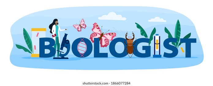Biologist typographic header concept. Scientist make laboratory analysis of life system and living organisms. Idea of education and experiment. Cartoon vector illustration isolated on white background