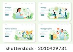 Biologist web banner or landing page set. Scientist make laboratory analysis of life system and living organisms. Education and experiment. Botany, microbiology, anatomy. Vector flact illustration