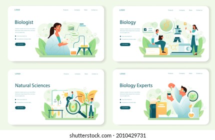 Biologist web banner or landing page set. Scientist make laboratory analysis of life system and living organisms. Education and experiment. Botany, microbiology, anatomy. Vector flact illustration