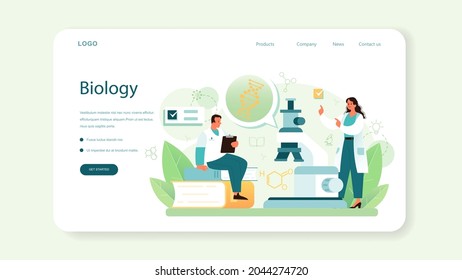 Biologist web banner or landing page. Scientist make laboratory analysis of life system and living organisms. Education and experiment. Botany, microbiology, anatomy. Vector flact illustration