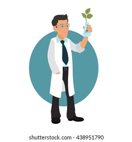 biologist working with plant shoots. Researcher studying a plant. vector