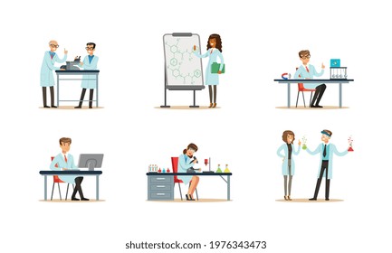 Biologists, Chemists and Physicists Engaged in Science Research and Experiment Vector Set