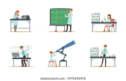 Biologists, Chemists and Physicists Engaged in Science Research and Experiment Vector Set