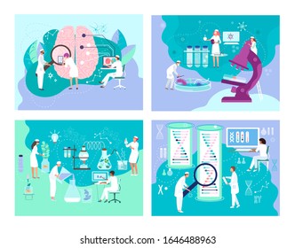 Biologists In Laboratory, People Medical Research, Doctor Lab Equipment, Vector Illustration. Medicine Development Process, Team Of Biological Science Doctors. Brain Research, Set Of Biology Concepts