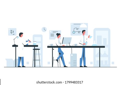 Biologists working in the laboratory. Vector illustration of a group of scientists conducting research in a chemical laboratory. Teamwork concept illustration of a modern lab interior with flasks