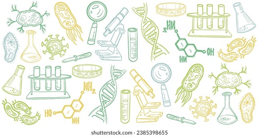 Antecedentes de la biología. Esbozar el fondo del doodle. Dibujado a mano por el vector.