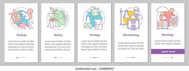 Biology branches onboarding mobile app page screen with linear concepts. Zoology, botany, virology, microbiology, mycology steps graphic instructions. UX, UI, GUI vector template with illustrations