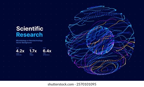 Biology Cell Scientific Medical Research Background. Science Blue Cells Backdrop with Depth of Field Blur Particles Effect. Futuristic Plant Microbiology. Blue Virus Cells Vector Illustration.