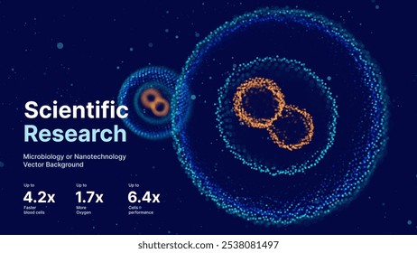 Antecedentes de investigación médica científica de células madre de biología. Fondo de células azules de Ciencia con efecto de desenfoque de partículas de profundidad de campo. Microbiología vegetal futurista. Ilustración vectorial de células de virus azules.