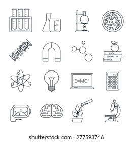 Biology chemistry experimental science lab research outlined icons set with molecule atom model abstract isolated vector illustration