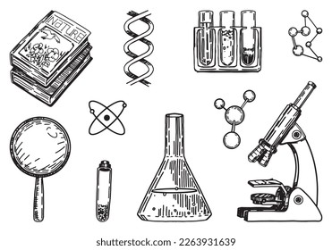 Biology chemistry lesson school attributes collection. Set of microscope, laboratory beakers, textbook, magnifying glass, formulas. Hand drawn vector illustrations cliparts isolated on white..