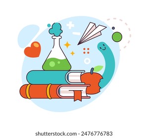 Biology or chemistry lessons in school, college or university. Vector flat pile of books with vial and substance for chemical experiment. Hearts and apple, flying paper plane