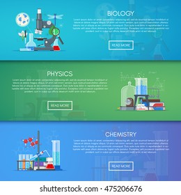 Biology, Chemistry And Physics Vector Banners. Science Education Concept Poster In Flat Style Design.