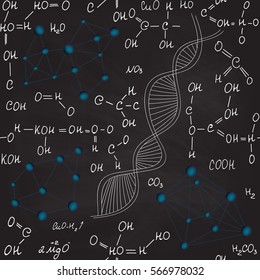 Biology and chemistry vector seamless pattern with handwritten dna, formulas, equations  hand drawn with chalk on grey blackboard. Scientific endless texture