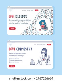 Biology and Chemistry website templates in doodle style. Online education vector concept illustration for banner. Science clubs for children. 