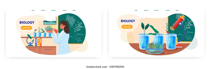 Biology class landing page design, website banner vector template set. School teacher conducting experiments with plants