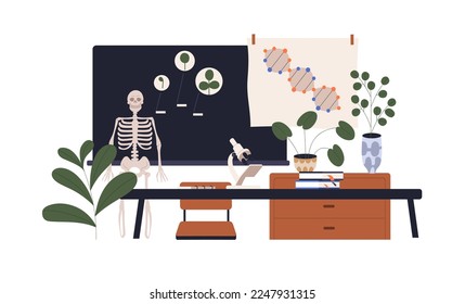 Biology classroom with skeleton, blackboard, chalkboard, table, microscope. Empty school class room for Natural Science subject, lesson study. Flat vector illustration isolated on white background