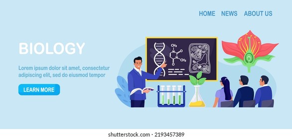 Biology College Subject. Students Exploring Nature And Living Organism Structure. Teacher Standing At Blackboard And Explaining Biological Process To People. Academic Education