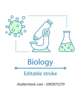 Biology concept icon. Virology. Biological research idea thin line illustration. Diagnostic or scientific lab. Laboratory equipment. Vector isolated outline drawing. Editable stroke