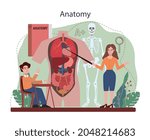 Biology concept. Students exploring nature and living organism structure. Idea of academic education. Human anatomy lesson. Vector flact illustration