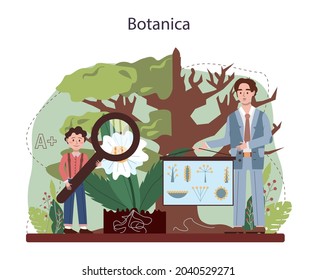 Biology Concept. Students Exploring Nature And Living Organism Structure. Idea Of Academic Education. Botany Lesson. Vector Flact Illustration