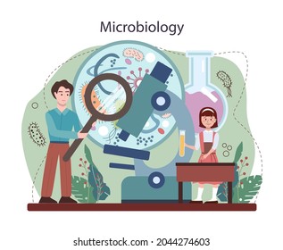 Biology Concept. Students Exploring Nature And Living Organism Structure. Idea Of Academic Education. Microbiology Lesson. Vector Flact Illustration