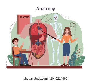 Biology Concept. Students Exploring Nature And Living Organism Structure. Idea Of Academic Education. Human Anatomy Lesson. Vector Flact Illustration