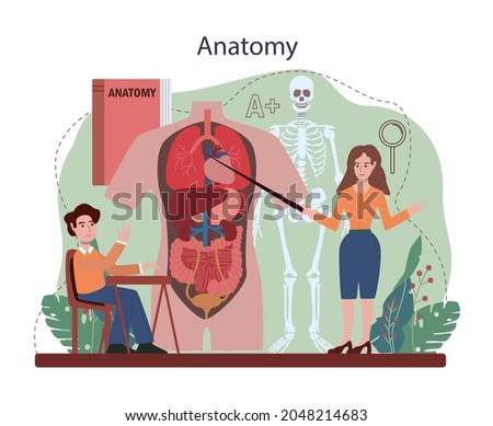 Biology concept. Students exploring nature and living organism structure. Idea of academic education. Human anatomy lesson. Vector flact illustration