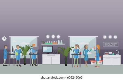 Biology concept vector illustration in flat style. Biological laboratory interior. Biologists carrying out research using laboratory glassware and equipment.