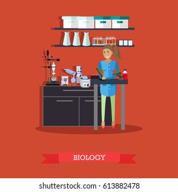 Biology concept vector illustration in flat style. Biological lab interior with laboratory glassware and equipment. Biologist female carrying out experiment.